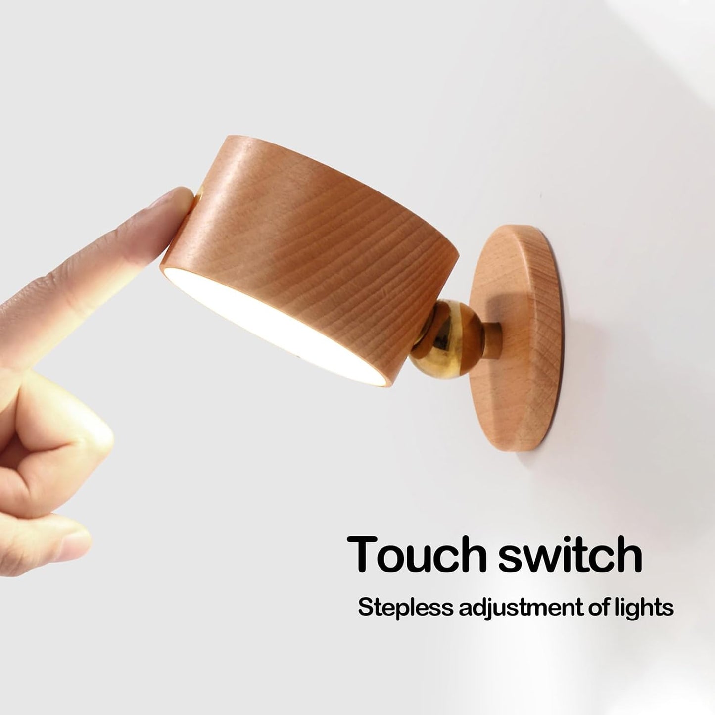 Wooden Wall Sconce 360° Rotatable Magnetic Stick on Bedside- Beech,1 PCS | Wall light self adhesive,dimmable touch control. USB-C port, minimalist style in hallways,closets,desk,reading,ambient