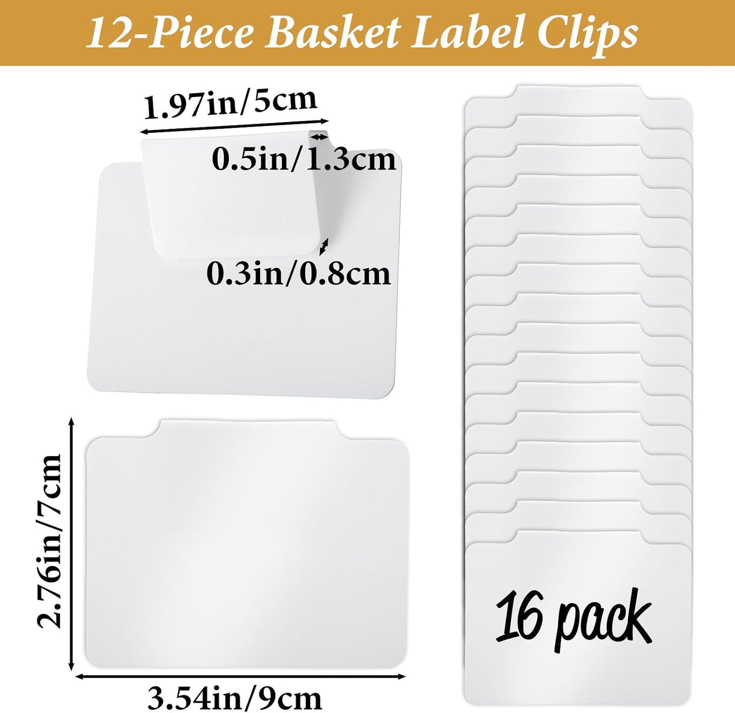 16Pcs White Clip-On Basket Labels, 3.5x2.5 Inch Removable PVC Labels with Holders for Storage Bins, Pantry & Closet Organization, Removable Label Holders