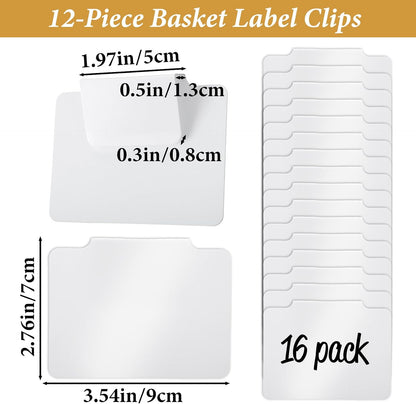 16Pcs White Clip-On Basket Labels, 3.5x2.5 Inch Removable PVC Labels with Holders for Storage Bins, Pantry & Closet Organization, Removable Label Holders