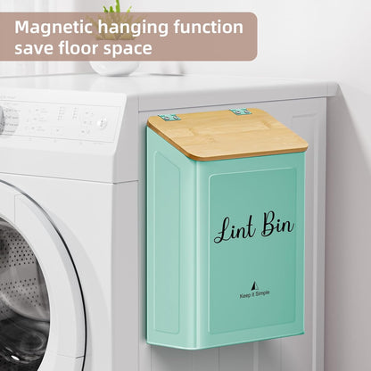 SUBEKYU Magnetic Lint Bin for Laundry Room Organization and Storage,White | Wall Mounted Metal Lint Box Holder Trash Can with Bamboo Lid for Dryer,Lint Basket for Laundry Room Decor
