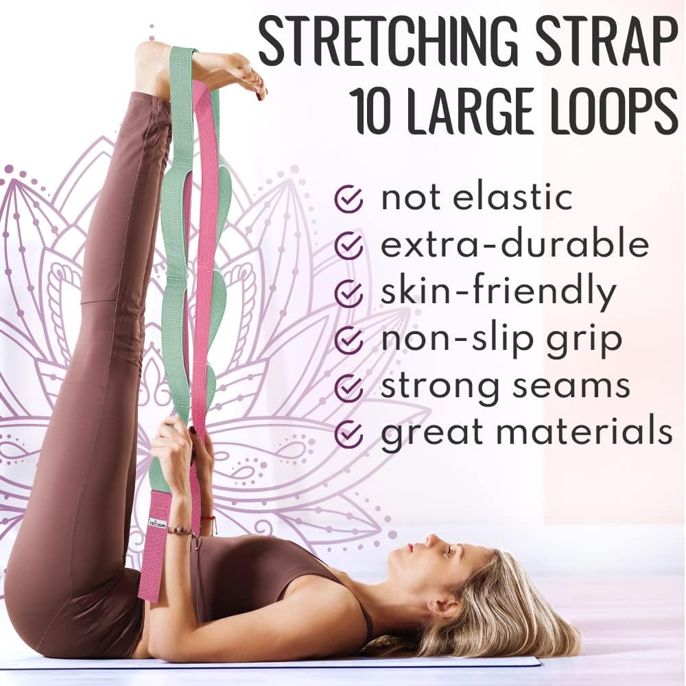 Stretching Strap with 10 Loops for Physical Therapy & Rehab | Non-Elastic Yoga Stretch Band for Hamstring, Leg, Hip & Knee Rehab, Pilates, Flexibility & Mobility Exercises for Men & Women