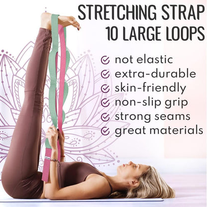 Stretching Strap with 10 Loops for Physical Therapy & Rehab | Non-Elastic Yoga Stretch Band for Hamstring, Leg, Hip & Knee Rehab, Pilates, Flexibility & Mobility Exercises for Men & Women