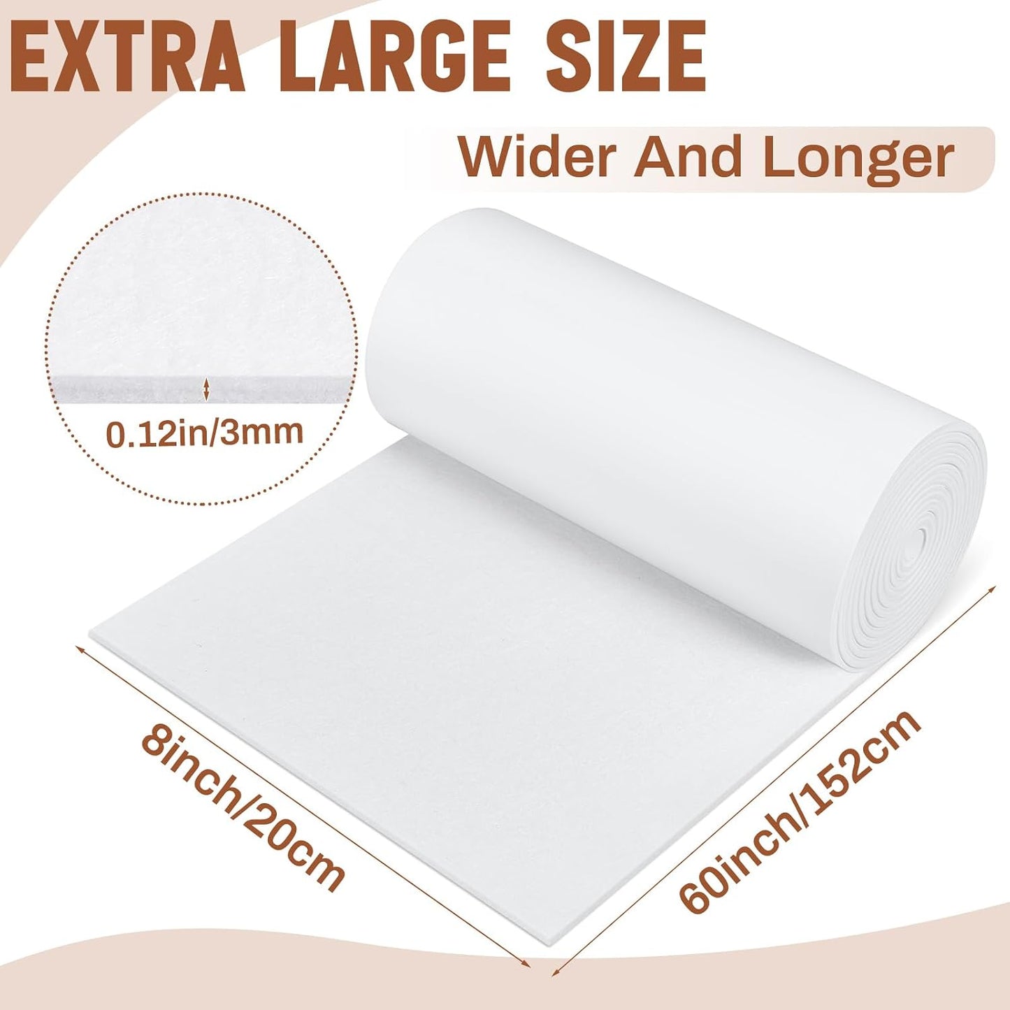 Fullhawl Large Felt Furniture Pads 8 x 60 Inch Non Slip Self Adhesive Heavy Duty Cuttable Strip Roll Felt Sheet Tape for Protecting Hardwood Floors Chair Wall, White