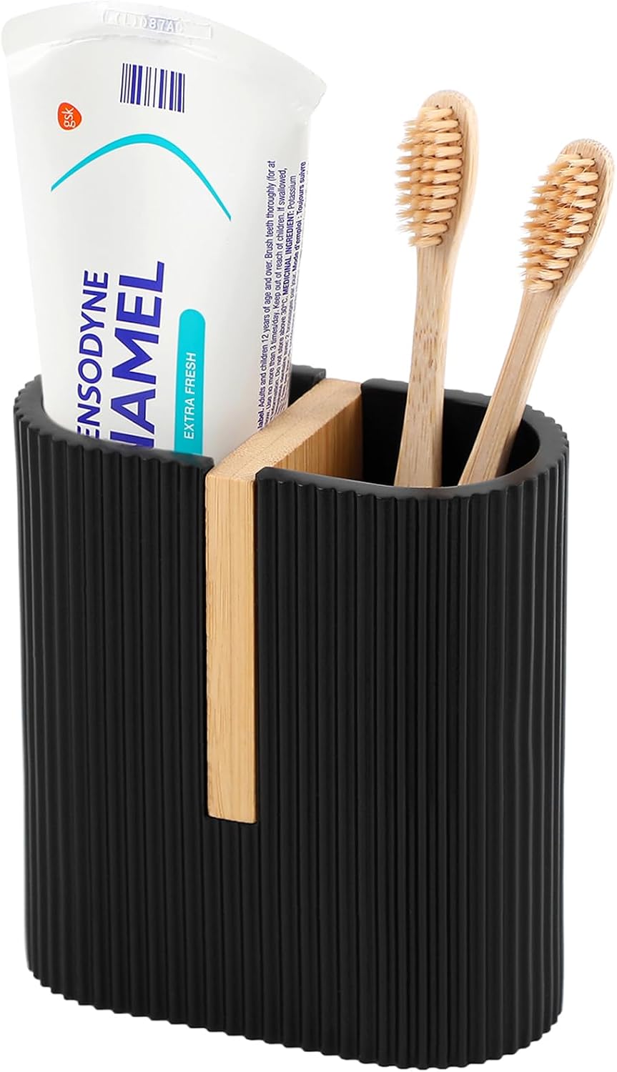 Toothbrush Holders for Bathroom, Bamboo Electric Toothbrush Stand, White | Toothbrush and Toothpaste Organizer for Sink Countertop, Bathroom Storage Stand for Brushing Accessories