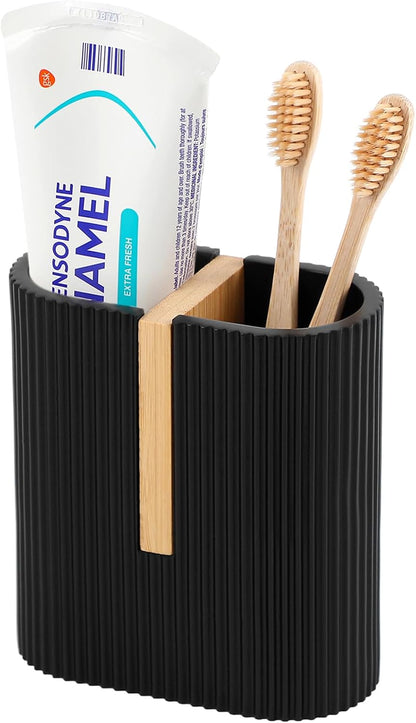 Toothbrush Holders for Bathroom, Bamboo Electric Toothbrush Stand, White | Toothbrush and Toothpaste Organizer for Sink Countertop, Bathroom Storage Stand for Brushing Accessories
