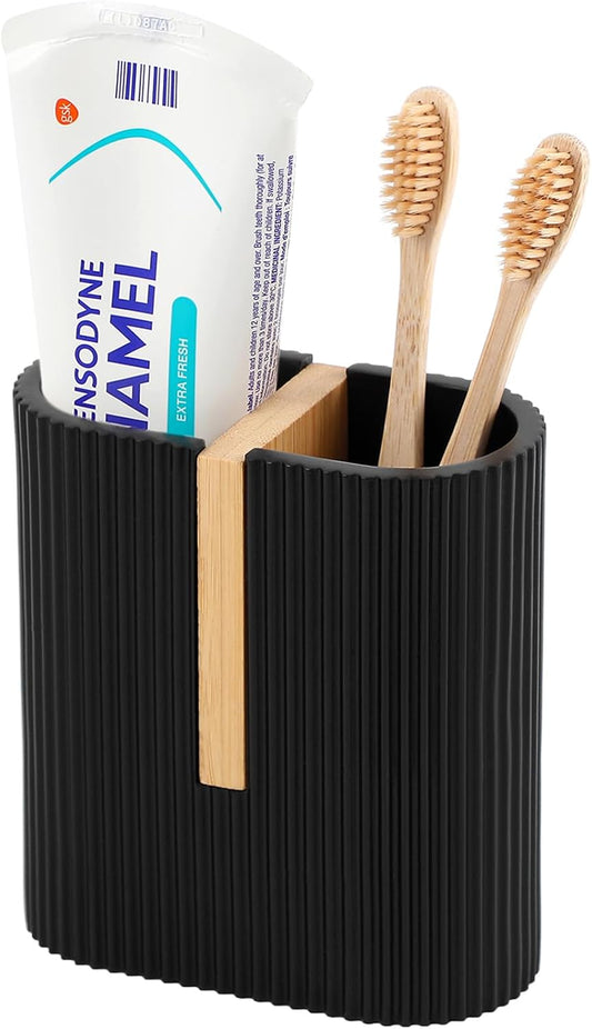 Toothbrush Holders for Bathroom, Bamboo Electric Toothbrush Stand, White | Toothbrush and Toothpaste Organizer for Sink Countertop, Bathroom Storage Stand for Brushing Accessories