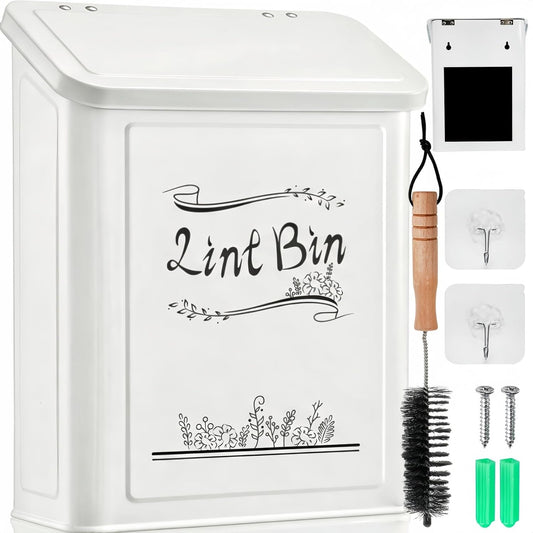 Tlence Magnetic Lint Bin for Laundry Room, Wall Mounted Dryer Lint Trash Can with Brush and Lid for Dryer, Space Saving Metal Lint Basket for Laundry Room Decor
