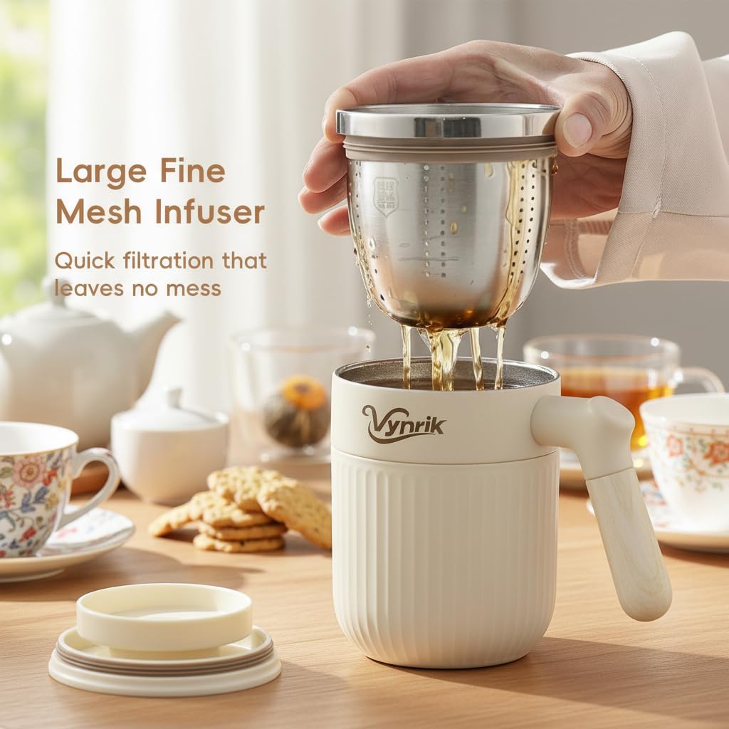 Tea Infuser Cup Doubles As Insulated Coffee Mug, Tea Cup With Lid And Handles, Removable Stainless Steel Tea Strainers For Loose Tea (Black)