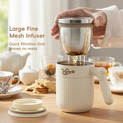 Tea Infuser Cup Doubles As Insulated Coffee Mug, Tea Cup With Lid And Handles, Removable Stainless Steel Tea Strainers For Loose Tea (Black)
