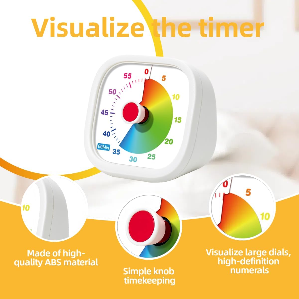 Visual Timer for Kids, 60 Minutes Countdown Timer for Kitchen, Office, Classroom, Home, Study, Task Reminder, No Ticking Time Timer, Time Manager (White)