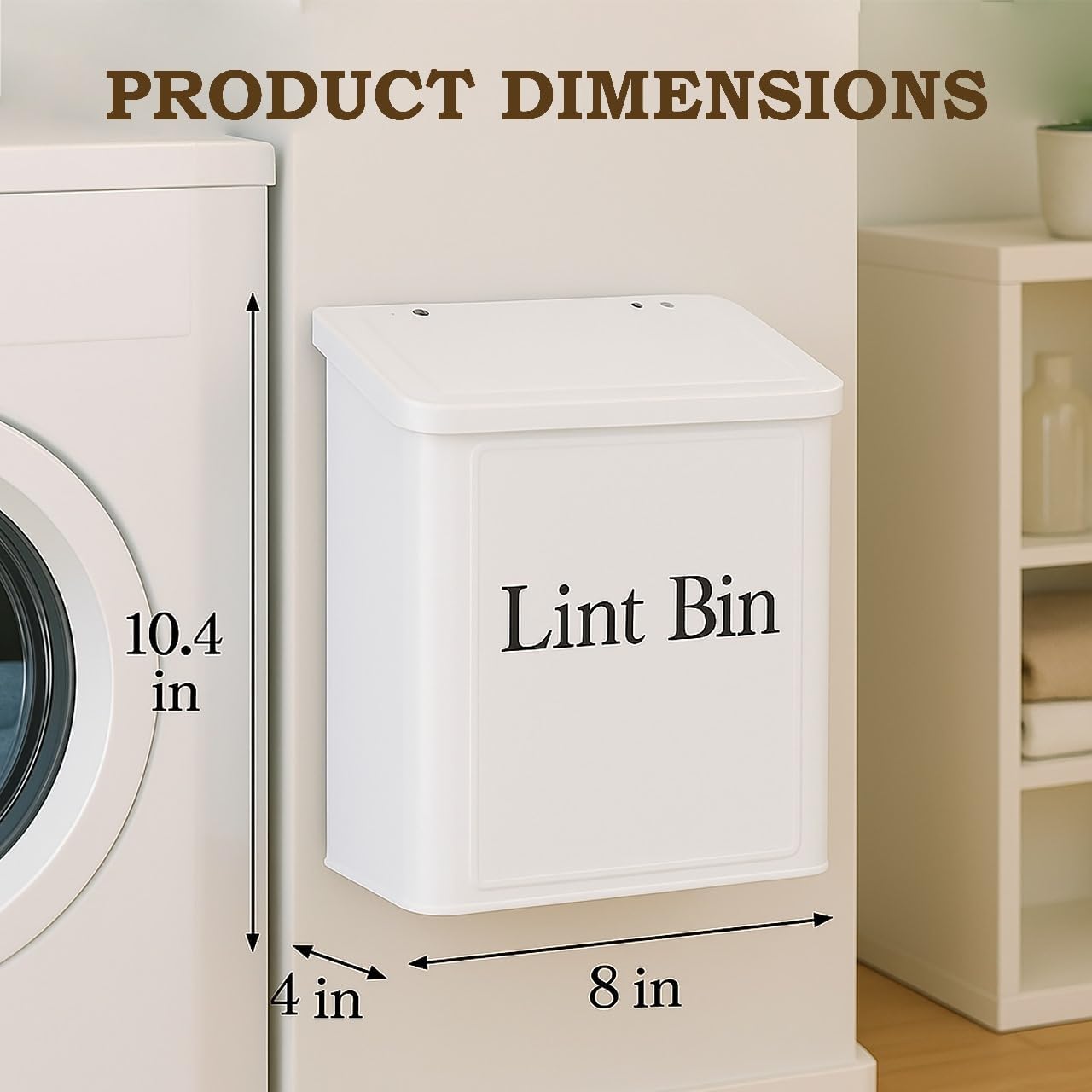 Magnetic Lint Bin for Laundry Room Organization & Storage, Wall-Mounted Dryer Lint Bin Trash Can with Lid, Lint Box Includes Brush, 2 White Hooks, 1 Black Hook, Screws & Magnet Glue (White)