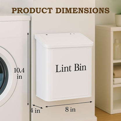 Magnetic Lint Bin for Laundry Room Organization & Storage, Wall-Mounted Dryer Lint Bin Trash Can with Lid, Lint Box Includes Brush, 2 White Hooks, 1 Black Hook, Screws & Magnet Glue (White)