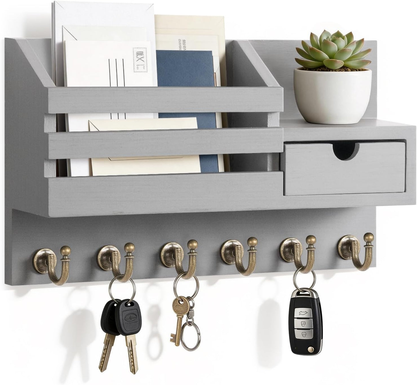 FifthQuarter Key and Mail Holder Wall Mount with Drawer and 6 Sturdy Hooks | Cute Rustic Farmhouse Wooden Key Hanger, Reliable Entryway Organizer for Keys and Daily Essential, Easy Installation, A-White