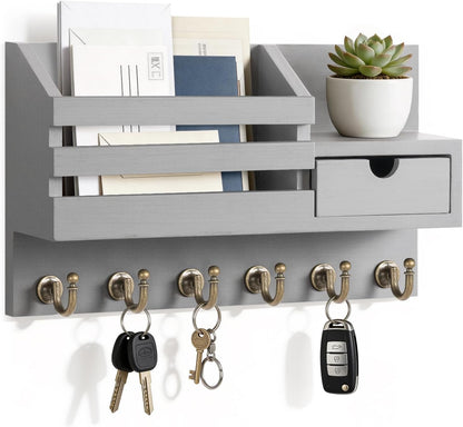 FifthQuarter Key and Mail Holder Wall Mount with Drawer and 6 Sturdy Hooks | Cute Rustic Farmhouse Wooden Key Hanger, Reliable Entryway Organizer for Keys and Daily Essential, Easy Installation, A-White