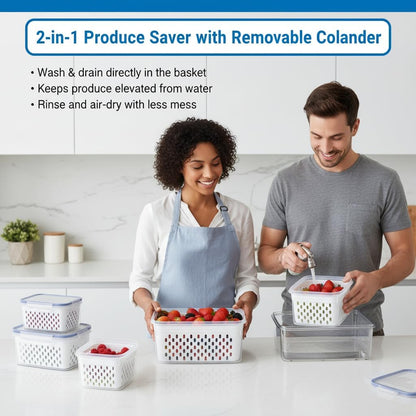Fruit Storage Containers for Fridge 2 Pack, Fridge Organizers and Storage, Fruit and Vegetable Storage Produce Box with Drain Basket, Refrigerator Food Saver Set