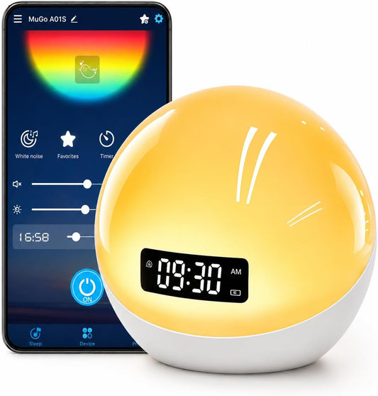 White Noise Sound Machine with Sunrise Alarm Clock for Kids Baby Shusher | 44 Non-Looping Soothing Sounds, 10-Color Night Lights, Easy APP Control, Gift for Kids Baby Nursery Bedroom Sleep Routine