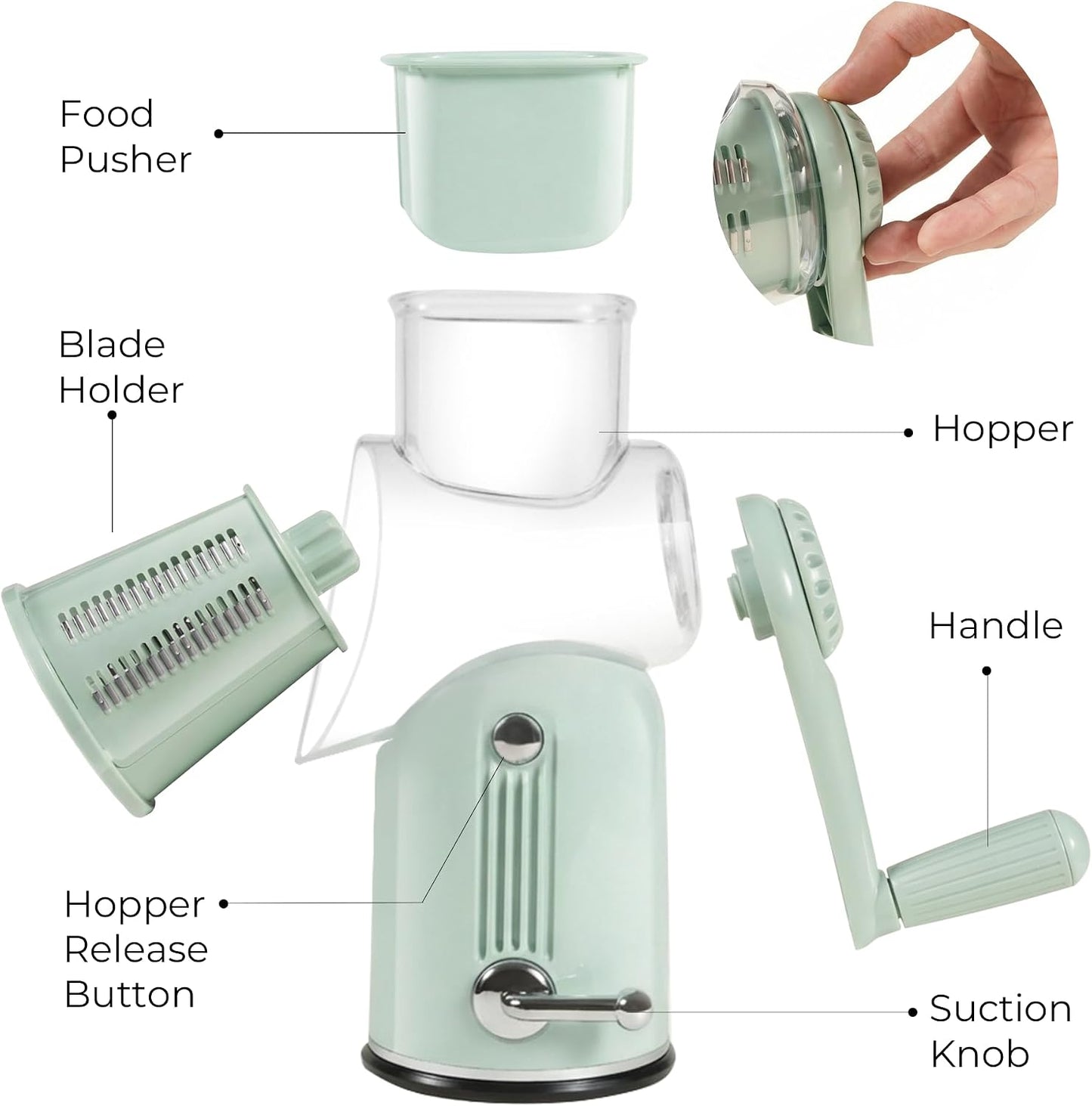 Rotary Cheese Grater Manual Hand Crank with 5 Blades & Suction Base, Kitchen Vegetable Shredder Slicer for Veggie, Nuts, Fruit, Cream