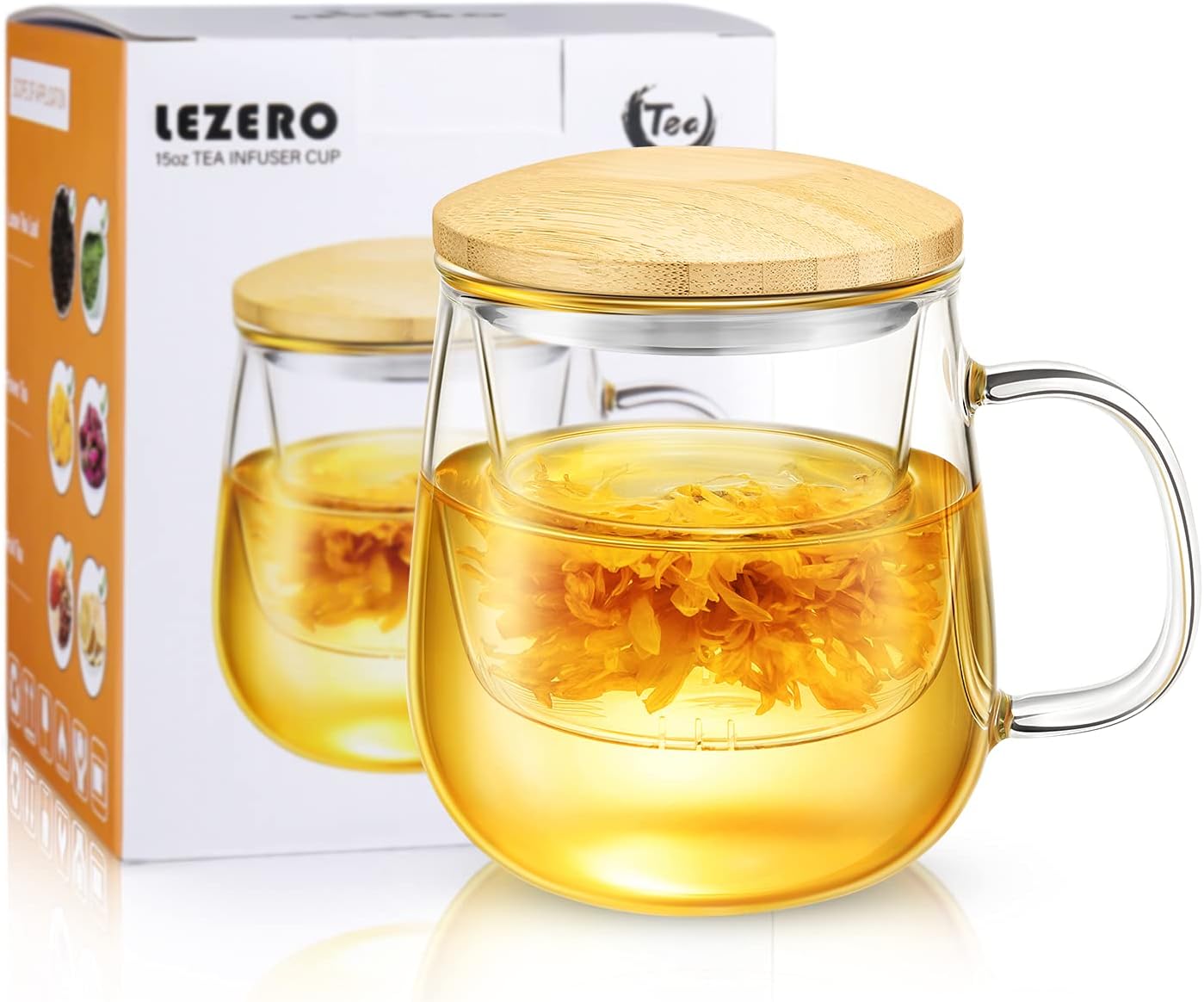 15oz Clear Glass Tea Cup with Infuser and Lid for Blooming & Loose Leaf Tea | with Handle, Borosilicate, Heat Resistance, Lead-free, Microwave & Dishwasher Safe, Gifts Box Include, A
