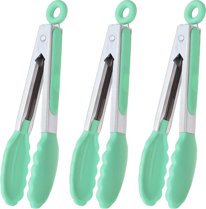 HINMAY Mini Tongs with Silicone Tips 7-Inch Serving Tongs, Set of 3 (Red Blue Green)