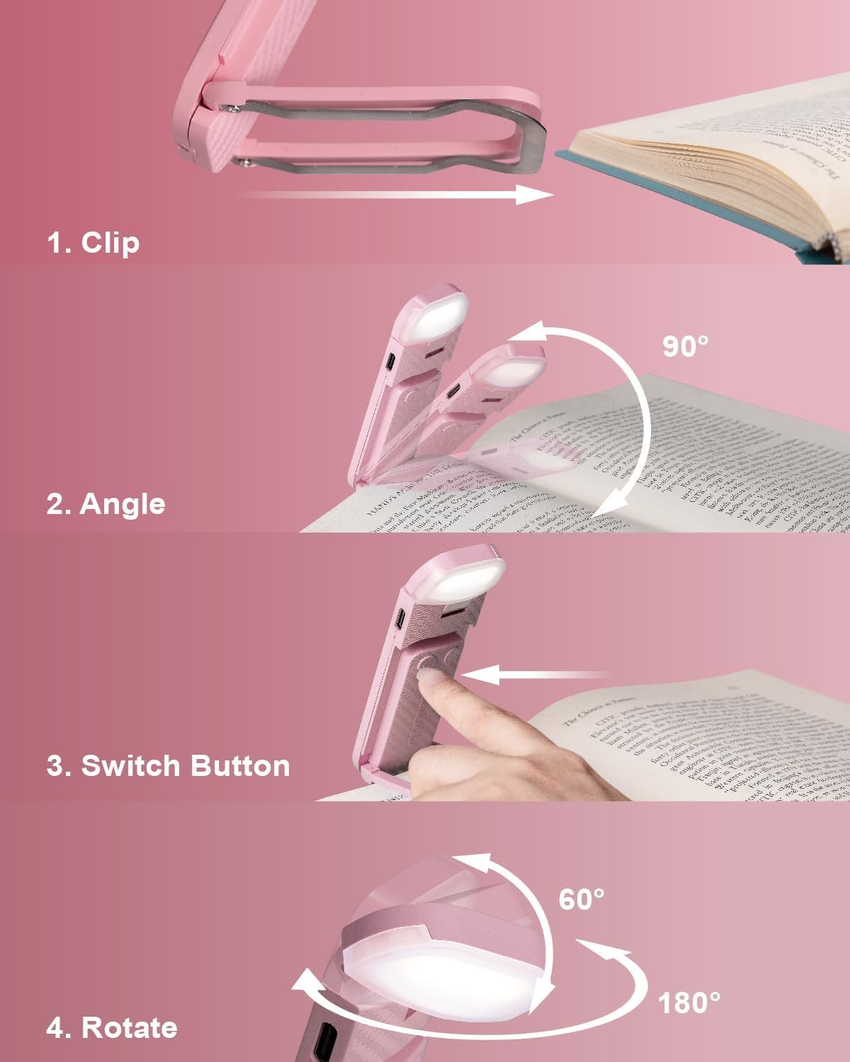 HEMONNKAM Book Reading Light, Rechargeable Clip on Booklight, Eye Caring 3 Color Temperatures & 5 Brightness Levels, Night Use for Bed, Long Lasting, Reading at Night in Bed, Romantic Purple