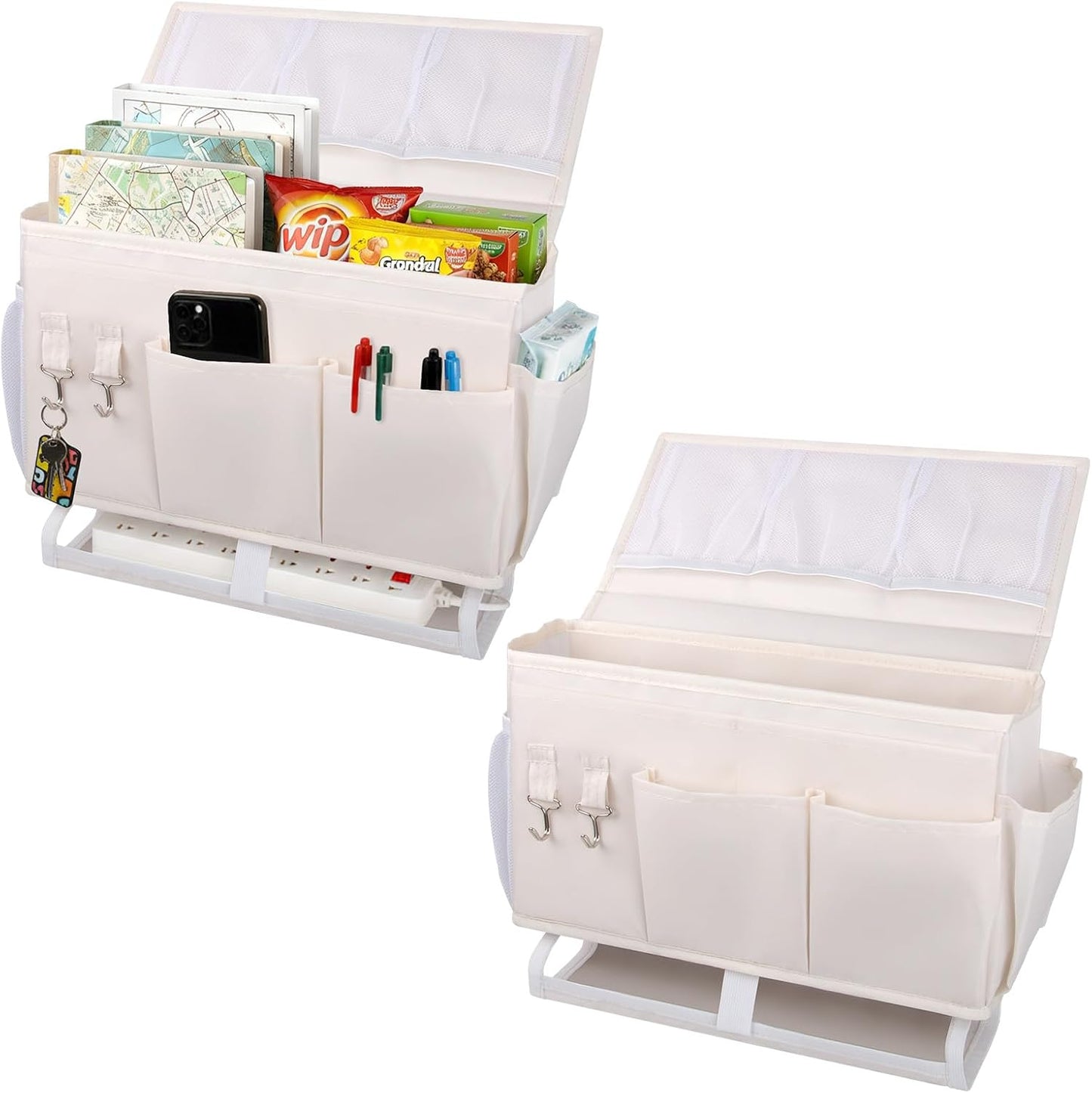 2Pcs Bedside Caddy for Dorm Bed Bedside Organizer, Bedside Storage with 10 Pockets and Power Strip Holder, Multifunctional Bedside Pocket for Home, College, Dorm, Bunk/Hospital/Crib Bed (Beige)