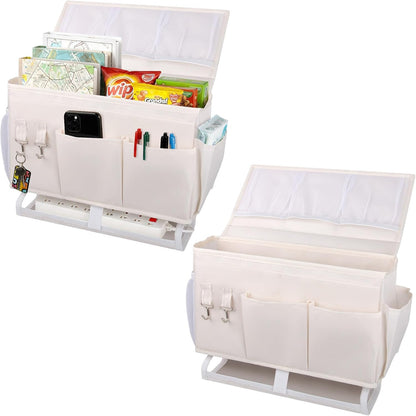 2Pcs Bedside Caddy for Dorm Bed Bedside Organizer, Bedside Storage with 10 Pockets and Power Strip Holder, Multifunctional Bedside Pocket for Home, College, Dorm, Bunk/Hospital/Crib Bed (Beige)