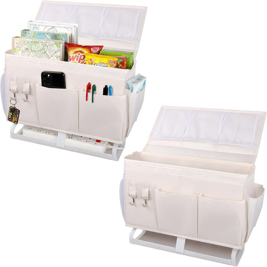 2Pcs Bedside Caddy for Dorm Bed Bedside Organizer, Bedside Storage with 10 Pockets and Power Strip Holder, Multifunctional Bedside Pocket for Home, College, Dorm, Bunk/Hospital/Crib Bed (Beige)