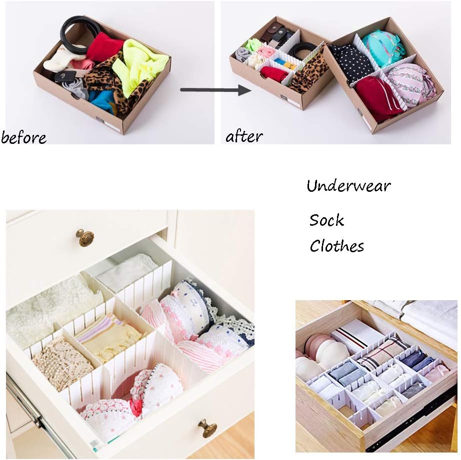 OJYUDD 12PCS DIY Plastic Grid Drawer Dividers,White Adjustable Sock Underwear Dresser Drawer Organizers Divider for Stationary Storage