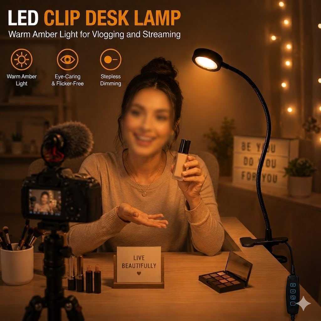 USB Clip-On Lamp, Eye Caring Dimmable Reading Light (Warm+Cool White, 8W) | Dimmable, Inline Switch, 1M Timer, USB 5V Port, 3000K+6000K, 81inch Long Cable, Flexible Gooseneck, Metal Head and Clip