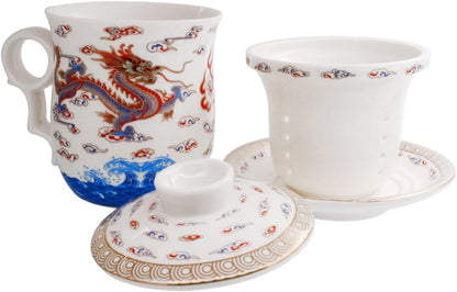 Porcelain Tea Cup with Infuser Lid and Saucer Sets - Chinese Jingdezhen Ceramics Coffee Mug Teacup Loose Leaf Tea Brewing System for Home Office