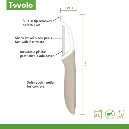 Tovolo Vegetable Peeler with Ultra Sharp Stainless Steel Swivel Blade Non Slip Handle, Multi Functional Dishwasher Safe Kitchen Wide Ribbon Potato Peeler for Fruit Veggies Carrots Apples, Oatmeal