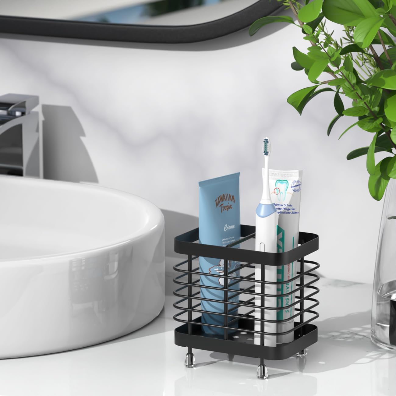Luxspire Toothbrush Holders for Bathroom, Stainless Steel, 6 Slots, Black | Toothbrush Holders With Drainage, For Bathroom Countertop & Kitchen Sink, Bathroom Accessories