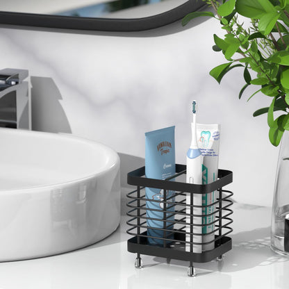 Luxspire Toothbrush Holders for Bathroom, Stainless Steel, 6 Slots, Black | Toothbrush Holders With Drainage, For Bathroom Countertop & Kitchen Sink, Bathroom Accessories