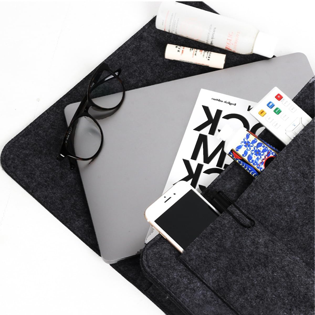 Bringsine 5 Pockets Bedside Caddy, Felt Bed Storage Organizer Hanging Bag Holder for Magazine Book Phone Tablet iPad Cables Remote and Glasses Holder Home Dorm Bed Sofa-Black
