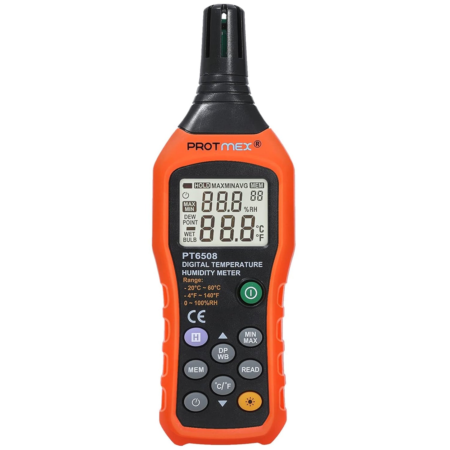 PT6508 Temperature Humidity Meter - Wet Bulb for Indoor/Outdoor | Digital Thermometer Hygrometer Monitor with Ambient, Dew Point, MIN, MAX, Data Hold, LCD Backlight