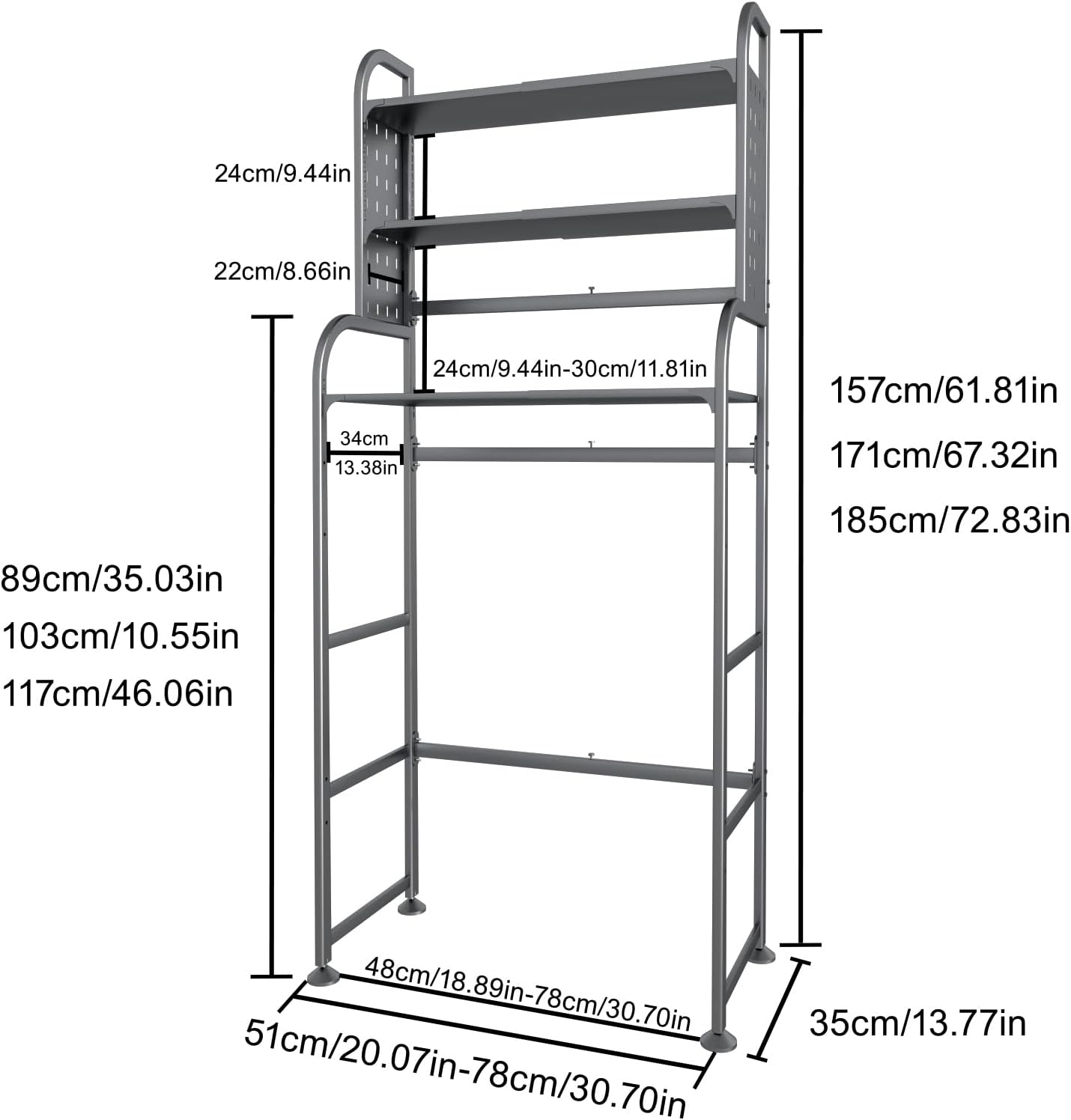 Adjustable Laundry Organizer Shelf over the Washer and Dryer Storage Shelf | 3 Tier Expandable Over Washer Storage, Over Toilet Washing Machine Bathroom Organization Shelves with Pegboard and Hook