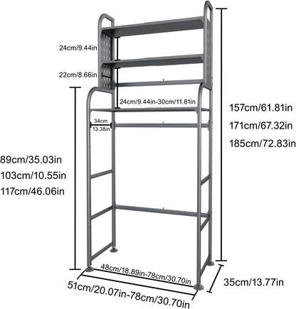 Adjustable Laundry Organizer Shelf over the Washer and Dryer Storage Shelf | 3 Tier Expandable Over Washer Storage, Over Toilet Washing Machine Bathroom Organization Shelves with Pegboard and Hook