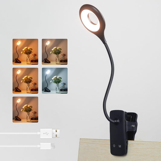 Akynite Clip on Light LED Desk Lamp 5 Brightness+5 Colors Rechargeable Lamp | Black, Dimmable, Battery powered, Flexible Gooseneck, Cordless & Portable, with Clamp, Book Reading Light for Bed/Headboard