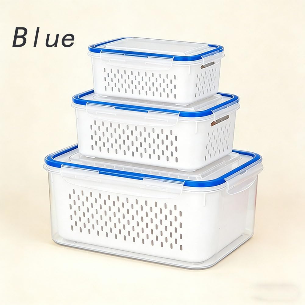 Fruit Storage Containers for Fridge with Removable Colanders, Household Transparent Plastic Food Storage Box-Including Drain Basket, 4 in 1 Food Storage Container, Vegetable Storage (Gray, S+M+L)