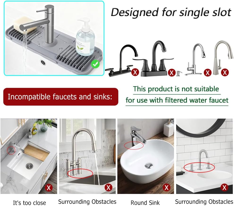 Silicone Faucet Mat, EK-Memory-fish Kitchen Faucet Mat Silicone Faucet Drip Catcher with Cuttable Circular Central for Kitchen Sink, Tailor-Made for Faucets with Deck Plate (Black)