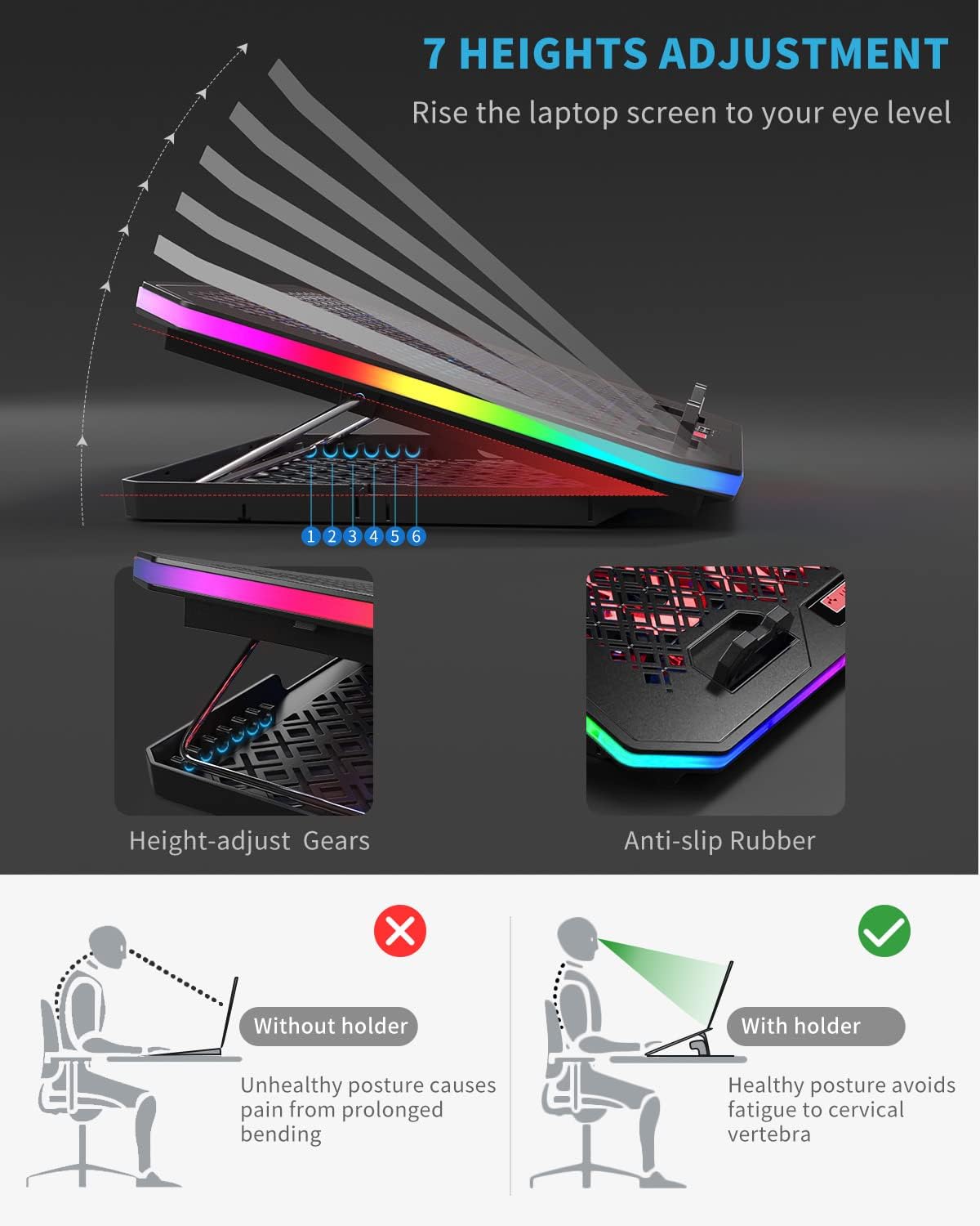 KeiBn Upgarde Laptop Cooling Pad, RGB Lights Laptop Cooler 6 Fans for 15.6-17.3 Inch Laptops, 7 Height Stands, 10 Modes Light, 2 USB Ports, Desk or Lap Use (A8,Blue)