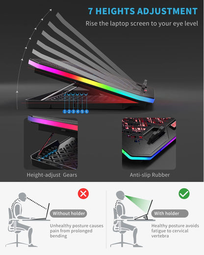 KeiBn Upgarde Laptop Cooling Pad, RGB Lights Laptop Cooler 6 Fans for 15.6-17.3 Inch Laptops, 7 Height Stands, 10 Modes Light, 2 USB Ports, Desk or Lap Use (A8,Blue)