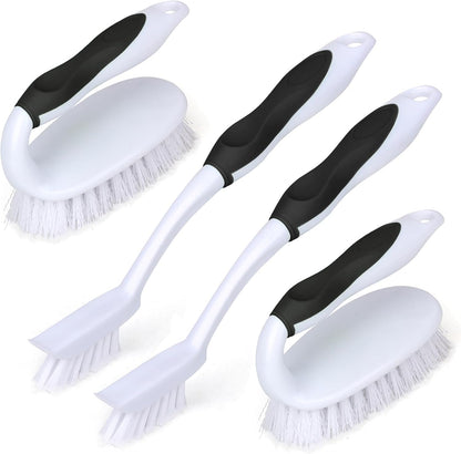 Scrub Brush Set, 4 Pack Deep Cleaning Brush Kit, Green | 2 Scrub Brush, 2 Tile & Grout Brush with Built-in Scraper, Household Commercial Scrubber for Floor, Shower, Pool Wall, Tub