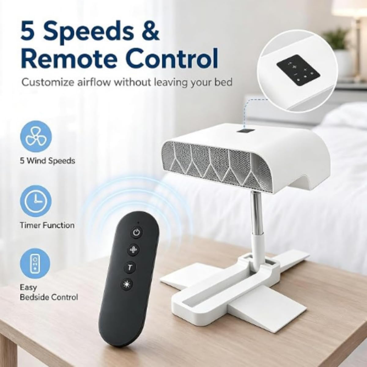 Bed Cooling Fan Under Sheets - Bed Cooling System with 5 Speeds and Remote, Adjustable Height Mattress Fans for Under Blankets