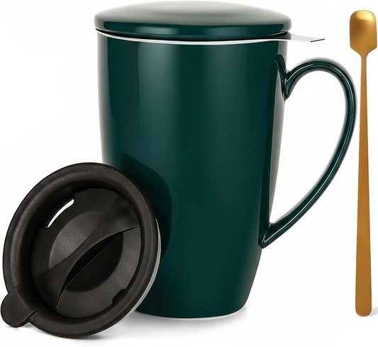 SISETOP 17 OZ Large Tea Cup with Infuser and Lid, Ceramic Tea Infuser Cup with Spoon for Loose Leaf, Microwave & Dishwasher Safe, Green