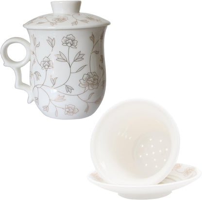 Porcelain Tea Cup with Infuser Lid and Saucer Sets - Chinese Jingdezhen Ceramics Coffee Mug Teacup Loose Leaf Tea Brewing System for Home Office