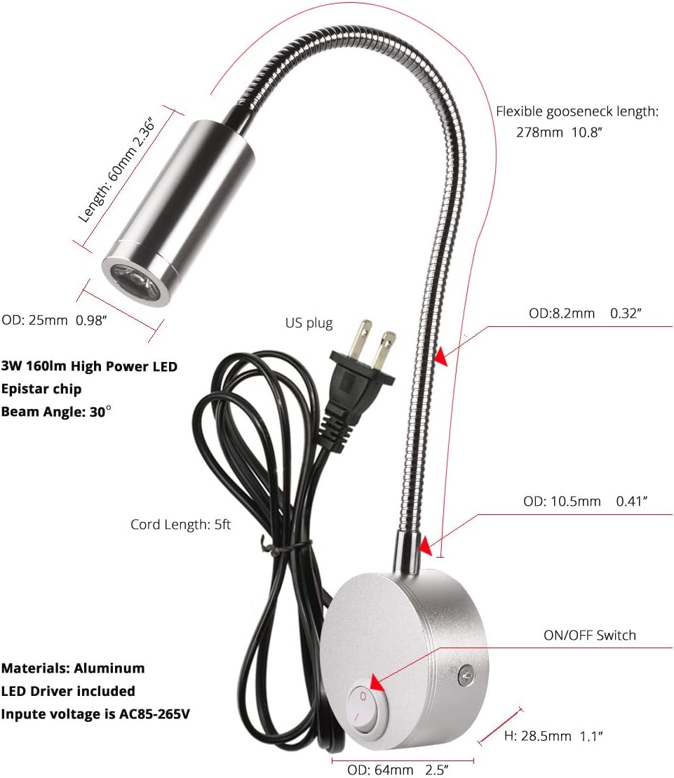 Wall Mounted LED Reading Lamp Focused 25° Spotlight for Bedroom headboard Marine Cabin Boat Yacht Interior Light Hotel Suite Hospital Patient Room Bedside Sconce 4.92ft Cord
