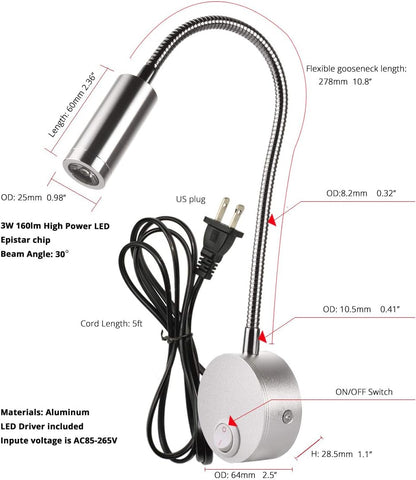 Wall Mounted LED Reading Lamp Focused 25° Spotlight for Bedroom headboard Marine Cabin Boat Yacht Interior Light Hotel Suite Hospital Patient Room Bedside Sconce 4.92ft Cord