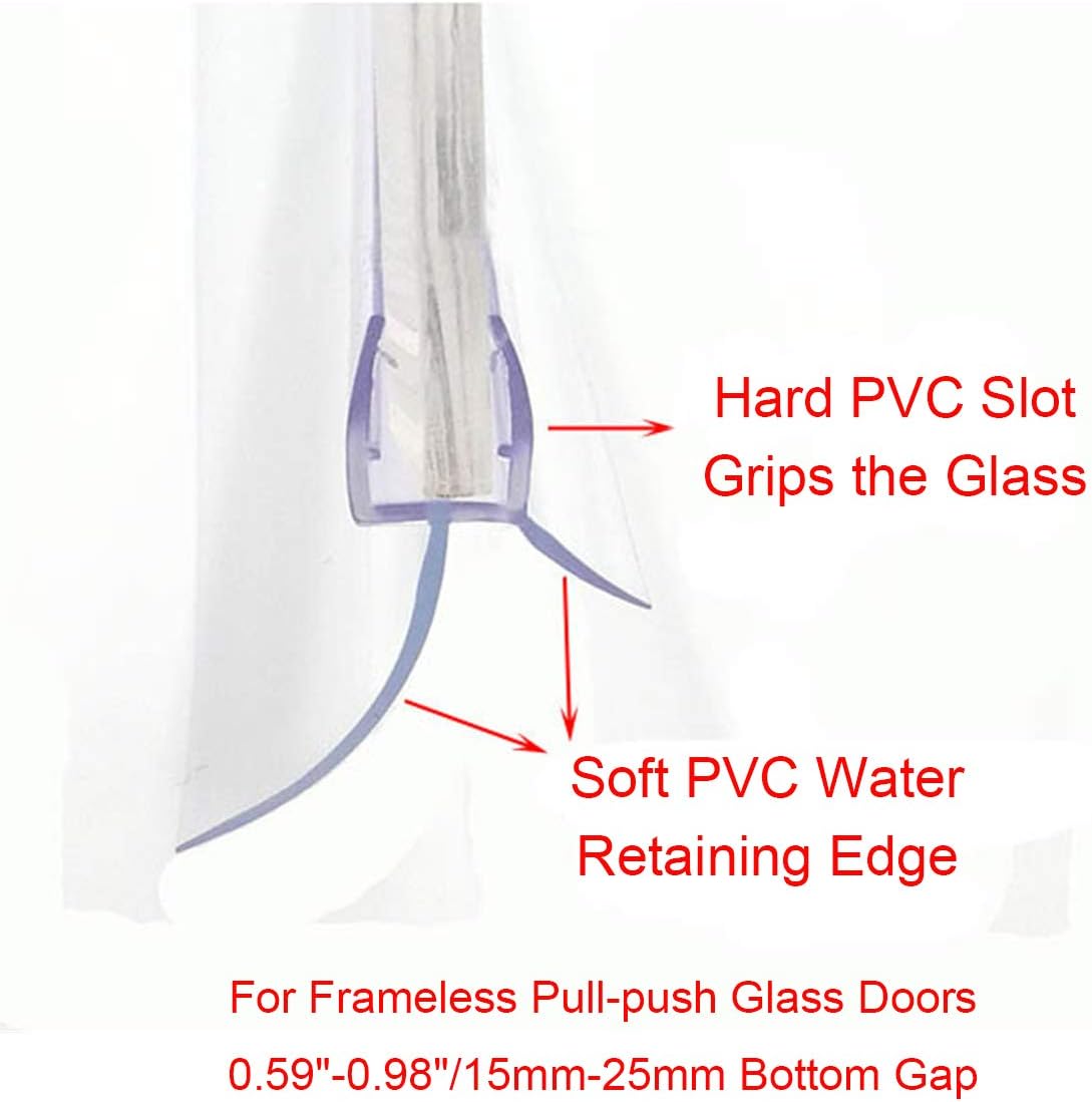 Frameless Shower Door Bottom Seal with Drip Rail 1/4" Thick Glass 33" Long Sweep - Glass Door Seal Strip Stop Shower Leaks