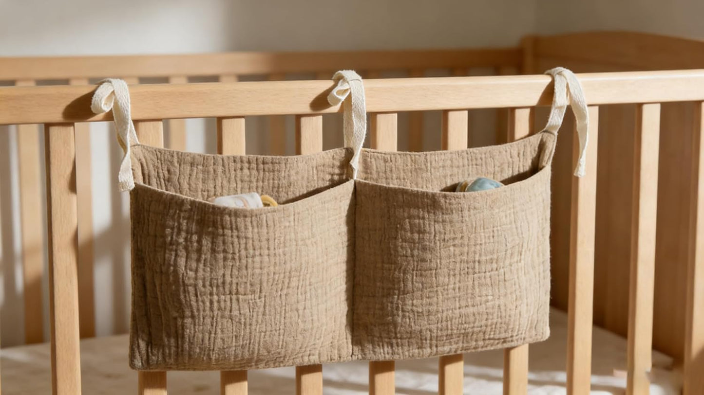 Bedside hanging bag for storing baby milk bottles and blankets - Baby diaper folding bed organizer bag - Brown
